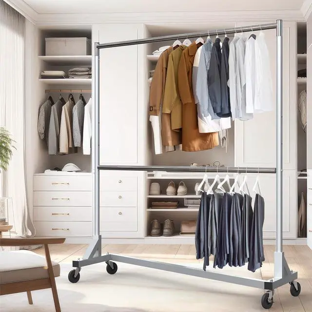 Alt view image 3 of 7 - Simple Houseware Commercial Grade Z-Base Double Rod Garment Rack, 600lb Load, 63 inch, Silver