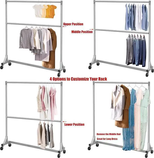 Alt view image 4 of 7 - Simple Houseware Commercial Grade Z-Base Double Rod Garment Rack, 600lb Load, 63 inch, Silver