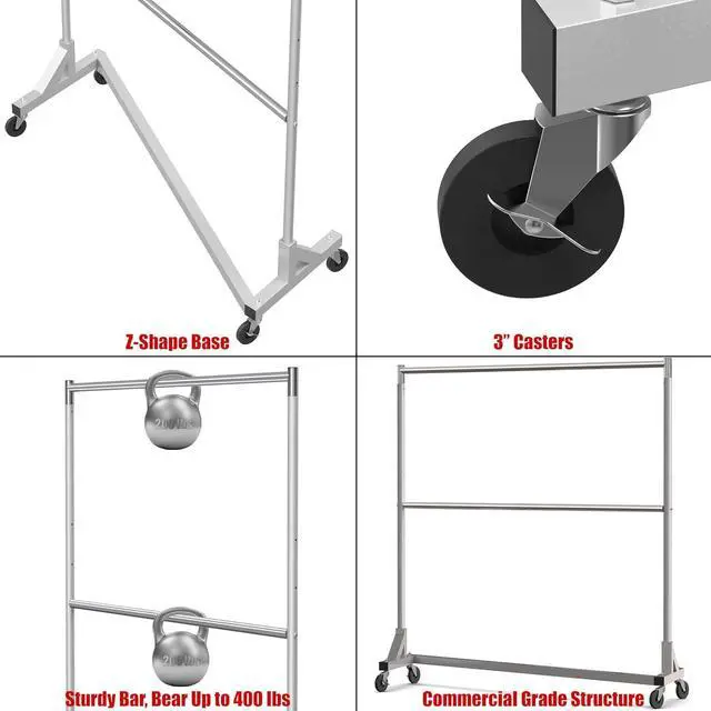 Alt view image 5 of 7 - Simple Houseware Commercial Grade Z-Base Double Rod Garment Rack, 600lb Load, 63 inch, Silver
