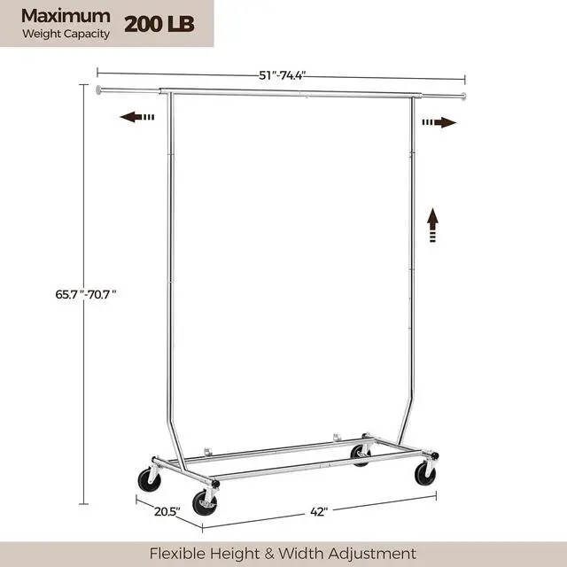 Alt view image 3 of 7 - Yaheetech Clothes Rack with Wheels, Heavy-Duty Clothing Organizer, Adjustable Commercial Retail Display Rack, Portable Closet, Chrome-Plated, Silver