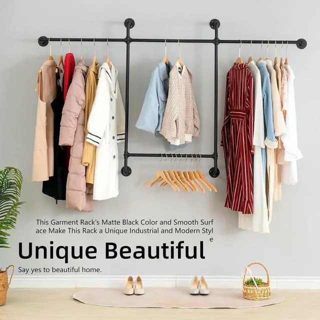 Alt view image 2 of 7 - Industrial Pipe Clothing Rack, Hanging Garment Rack, Wall Mounted Pipe Clothes Rack with Four Hanging Rods, Heavy Duty Garment Rack, Industrial Steampunk Closet Organizer Hall Tree (Metal Pipes-Black)