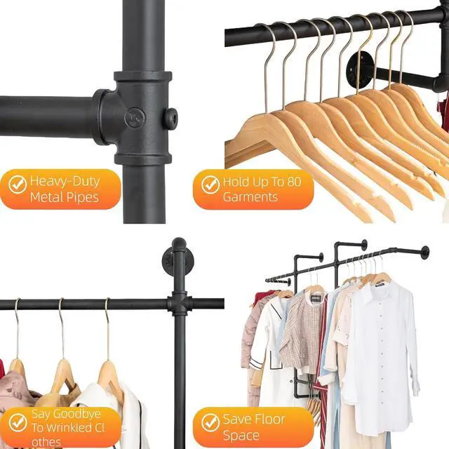 Alt view image 3 of 7 - Industrial Pipe Clothing Rack, Hanging Garment Rack, Wall Mounted Pipe Clothes Rack with Four Hanging Rods, Heavy Duty Garment Rack, Industrial Steampunk Closet Organizer Hall Tree (Metal Pipes-Black)