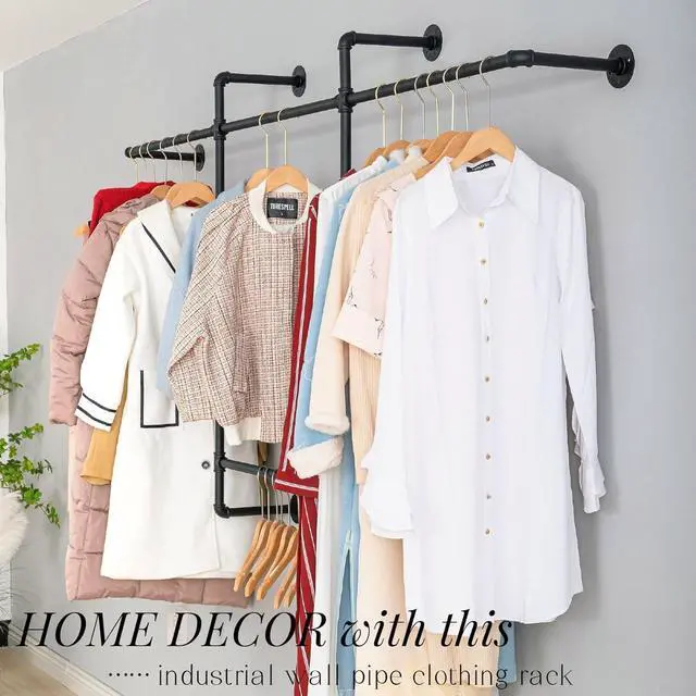 Alt view image 7 of 7 - Industrial Pipe Clothing Rack, Hanging Garment Rack, Wall Mounted Pipe Clothes Rack with Four Hanging Rods, Heavy Duty Garment Rack, Industrial Steampunk Closet Organizer Hall Tree (Metal Pipes-Black)