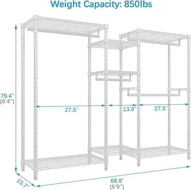 Alt view image 4 of 7 - VIPEK Classic V6 Wire Garment Rack 5 Tiers Heavy Duty Clothes Rack for Hanging Clothes, Wardrobe Racks Compact Large Metal Clothing Racks Freestanding Closet Storage Racks, Max Load 850LBS, White