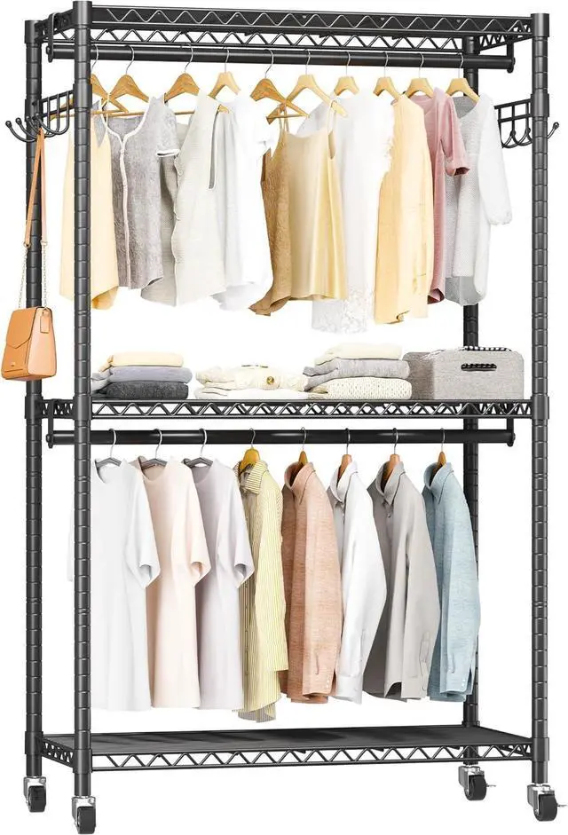 Main image of Heavy Duty Rolling Garment Rack with Adjustable Wire Shelving, 3 Tiers Clothes Rack with Double Rods and Side Hooks, Freestanding Wardrobe Storage Rack Metal Clothing Rack, Black