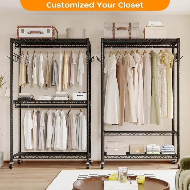 Alt view image 2 of 7 - Heavy Duty Rolling Garment Rack with Adjustable Wire Shelving, 3 Tiers Clothes Rack with Double Rods and Side Hooks, Freestanding Wardrobe Storage Rack Metal Clothing Rack, Black