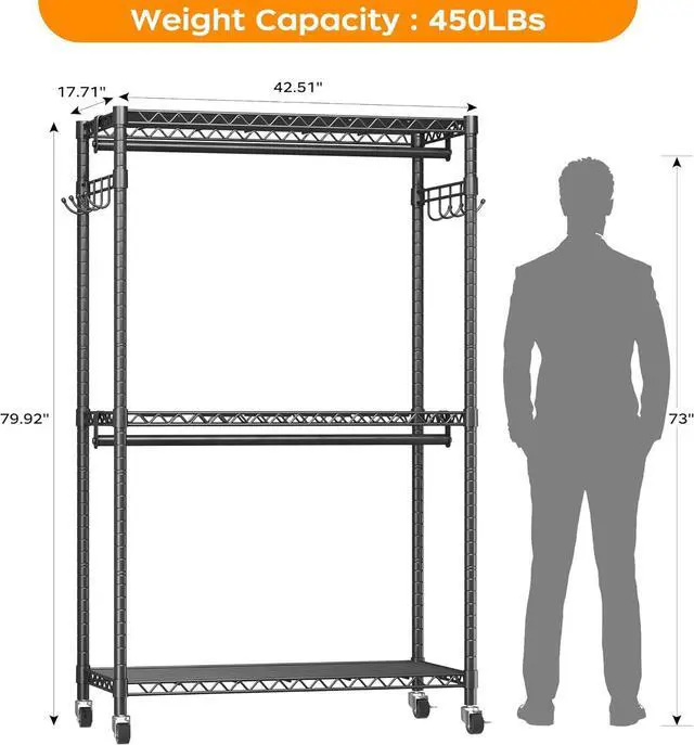 Alt view image 3 of 7 - Heavy Duty Rolling Garment Rack with Adjustable Wire Shelving, 3 Tiers Clothes Rack with Double Rods and Side Hooks, Freestanding Wardrobe Storage Rack Metal Clothing Rack, Black