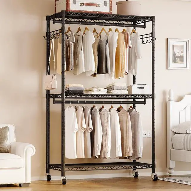 Alt view image 5 of 7 - Heavy Duty Rolling Garment Rack with Adjustable Wire Shelving, 3 Tiers Clothes Rack with Double Rods and Side Hooks, Freestanding Wardrobe Storage Rack Metal Clothing Rack, Black