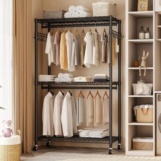 Alt view image 6 of 7 - Heavy Duty Rolling Garment Rack with Adjustable Wire Shelving, 3 Tiers Clothes Rack with Double Rods and Side Hooks, Freestanding Wardrobe Storage Rack Metal Clothing Rack, Black