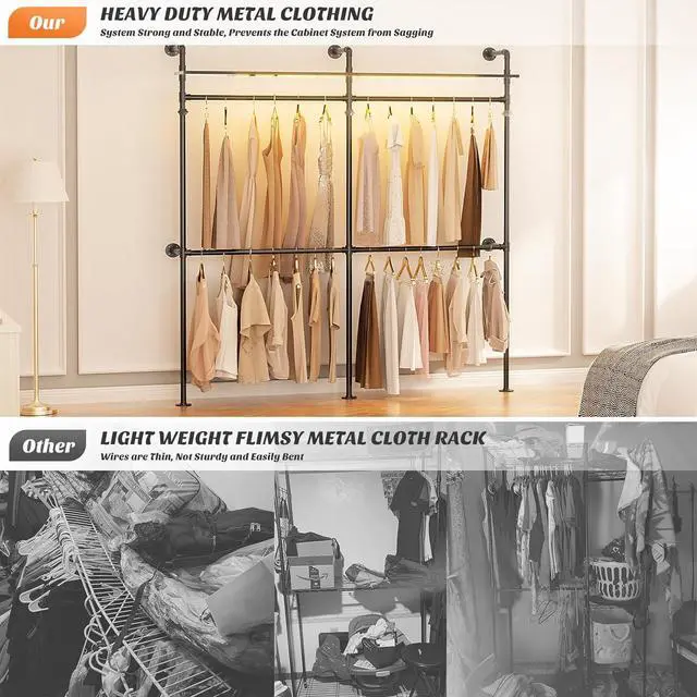 Alt view image 5 of 7 - Aheaplus Industrial Pipe Clothing Rack, Reversible 79.7'' Clothes Rack for Hanging Clothes, Heavy Duty Garment Racks Closet Wardrobe with LED Lights& Shelves, Walk-in Closet System, Black