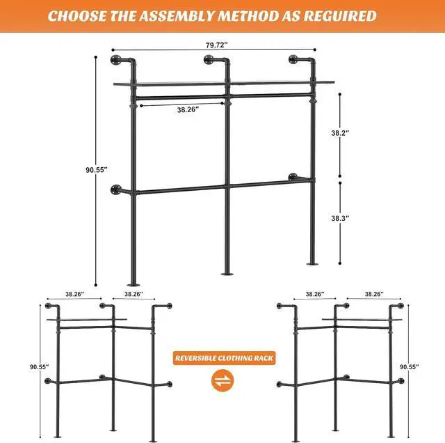 Alt view image 7 of 7 - Aheaplus Industrial Pipe Clothing Rack, Reversible 79.7'' Clothes Rack for Hanging Clothes, Heavy Duty Garment Racks Closet Wardrobe with LED Lights& Shelves, Walk-in Closet System, Black
