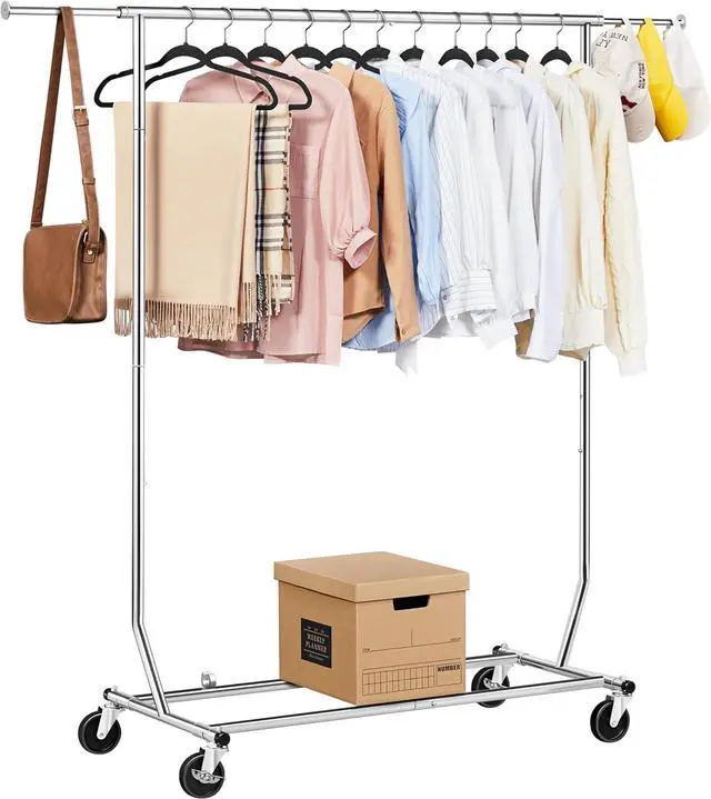 Main image of Yaheetech Clothes Rack with Wheels, Heavy Duty Garment Rack with Extendable Hanging Rod, Rolling Clothing Rack for Hanging Clothes, Chromed, Silver