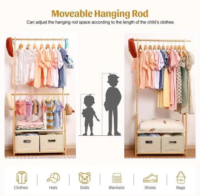 Alt view image 3 of 7 - Kids Clothing Rack Bamboo with 2 Storage Baskets and 2 Adjustable Hanging Rods,Child Garment Holder with Shelf, Dress up Racks for Playroom,Toddlers Bedroom (Natural)