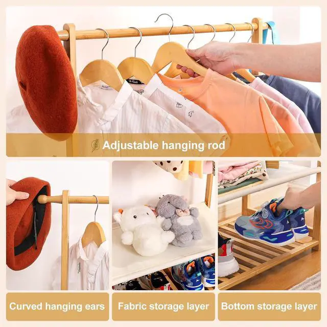 Alt view image 5 of 7 - Kids Clothing Rack Bamboo with 2 Storage Baskets and 2 Adjustable Hanging Rods,Child Garment Holder with Shelf, Dress up Racks for Playroom,Toddlers Bedroom (Natural)
