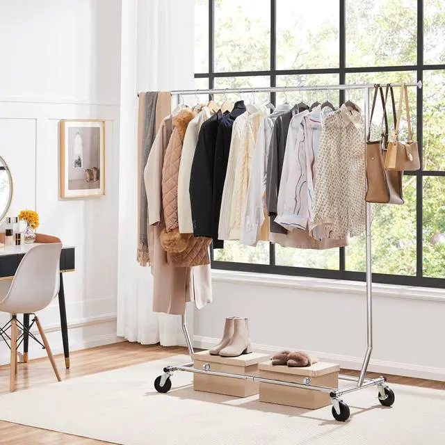 Alt view image 2 of 7 - Yaheetech Clothes Rack with Wheels, Heavy-Duty Clothing Organizer, Adjustable Commercial Retail Display Rack, Portable Closet, Chrome-Plated, Silver