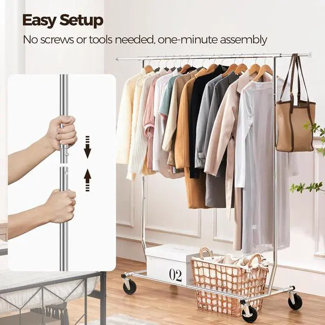 Alt view image 6 of 7 - Yaheetech Clothes Rack with Wheels, Heavy-Duty Clothing Organizer, Adjustable Commercial Retail Display Rack, Portable Closet, Chrome-Plated, Silver