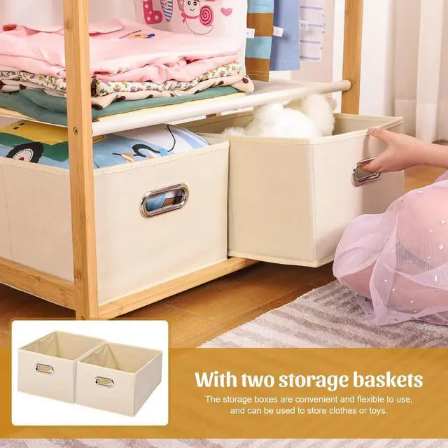 Alt view image 4 of 7 - Kids Clothing Rack Bamboo with 2 Storage Baskets and 2 Adjustable Hanging Rods,Child Garment Holder with Shelf, Dress up Racks for Playroom,Toddlers Bedroom (Natural)