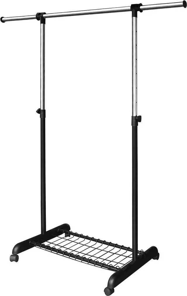 Main image of LiaMeE Adjustable Clothing Rack for Hanging Clothes, Heavy Duty Garment Rack with WheelsFree Standing Rolling Clothes Rack with Shelf & Grid, Easy Assembly Standard Rod, Black & Chrome