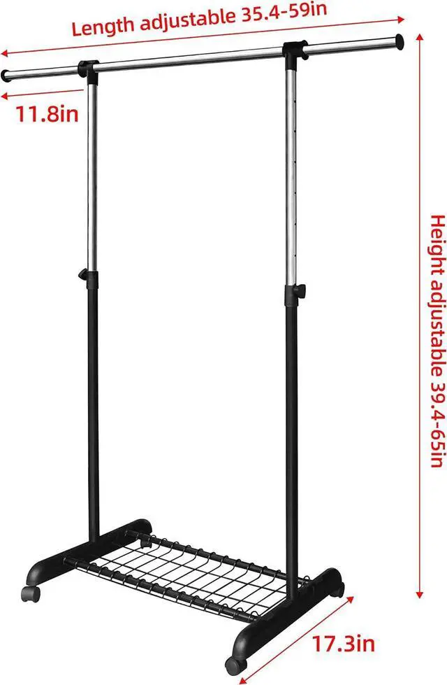 Alt view image 2 of 7 - LiaMeE Adjustable Clothing Rack for Hanging Clothes, Heavy Duty Garment Rack with WheelsFree Standing Rolling Clothes Rack with Shelf & Grid, Easy Assembly Standard Rod, Black & Chrome
