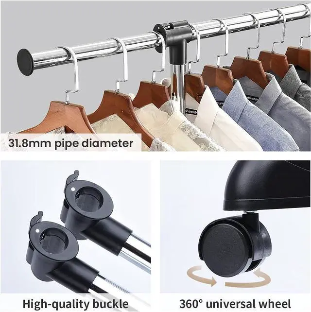 Alt view image 5 of 7 - LiaMeE Adjustable Clothing Rack for Hanging Clothes, Heavy Duty Garment Rack with WheelsFree Standing Rolling Clothes Rack with Shelf & Grid, Easy Assembly Standard Rod, Black & Chrome