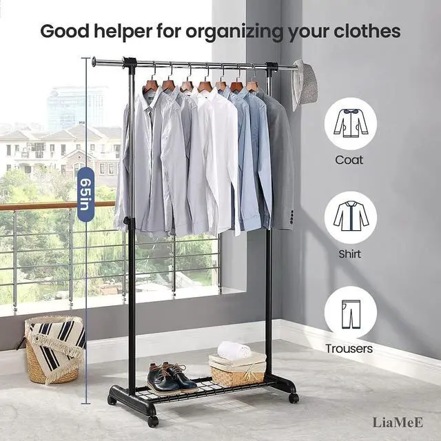 Alt view image 6 of 7 - LiaMeE Adjustable Clothing Rack for Hanging Clothes, Heavy Duty Garment Rack with WheelsFree Standing Rolling Clothes Rack with Shelf & Grid, Easy Assembly Standard Rod, Black & Chrome