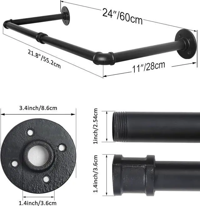 Alt view image 2 of 6 - WEBI Clothing Rack Wall Mount,24" Industrial Pipe Clothes Rack for Hanging Clothes,Heavy Duty Iron Garment Rack Bar,Retail Display Clothes Rod for Closet,Laundry Room,Black