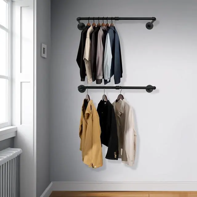 Alt view image 6 of 6 - WEBI Clothing Rack Wall Mount,24" Industrial Pipe Clothes Rack for Hanging Clothes,Heavy Duty Iron Garment Rack Bar,Retail Display Clothes Rod for Closet,Laundry Room,Black