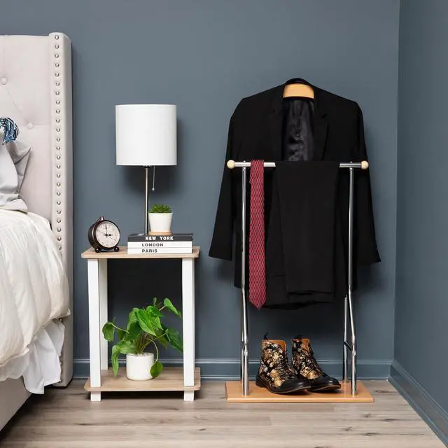 Alt view image 2 of 7 - Mind Reader Valet Stand, Clothes Rack, Clothing Organizer, Jacket Hanger, Metal, Wood, 19.75" L x 11.75" W x 43" H, Silver