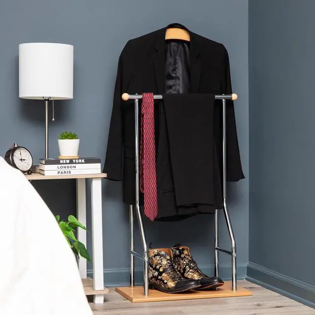 Alt view image 7 of 7 - Mind Reader Valet Stand, Clothes Rack, Clothing Organizer, Jacket Hanger, Metal, Wood, 19.75" L x 11.75" W x 43" H, Silver