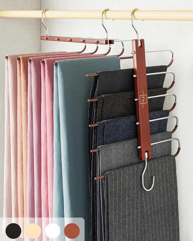 Main image of MORALVE Pants Hangers Space Saving - 2 Pack European Beechwood Scarf and Jean Hangers - Closet Organizer and Space Saver Pant Rack, Leggings Hanger, and Scarf Holder with 360° Swivel Hook