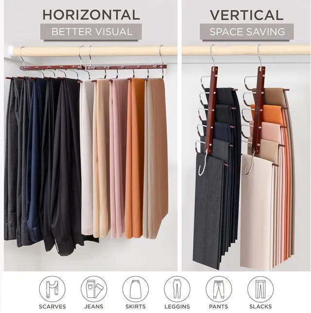 Alt view image 4 of 7 - MORALVE Pants Hangers Space Saving - 2 Pack European Beechwood Scarf and Jean Hangers - Closet Organizer and Space Saver Pant Rack, Leggings Hanger, and Scarf Holder with 360° Swivel Hook