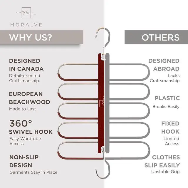 Alt view image 5 of 7 - MORALVE Pants Hangers Space Saving - 2 Pack European Beechwood Scarf and Jean Hangers - Closet Organizer and Space Saver Pant Rack, Leggings Hanger, and Scarf Holder with 360° Swivel Hook