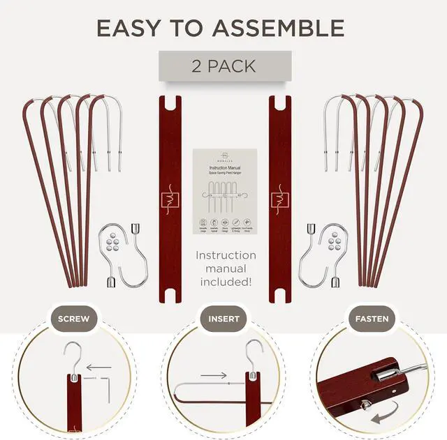 Alt view image 7 of 7 - MORALVE Pants Hangers Space Saving - 2 Pack European Beechwood Scarf and Jean Hangers - Closet Organizer and Space Saver Pant Rack, Leggings Hanger, and Scarf Holder with 360° Swivel Hook