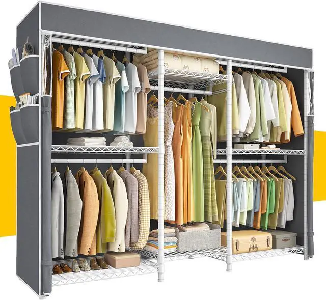 Main image of Raybee Clothing Racks for Hanging Clothes with Cover, Clothes Rack Loads 905 LBS,Heavy Duty Portable Closet with Shelves, Adjustable,White,75" W*17.8" D*77" H