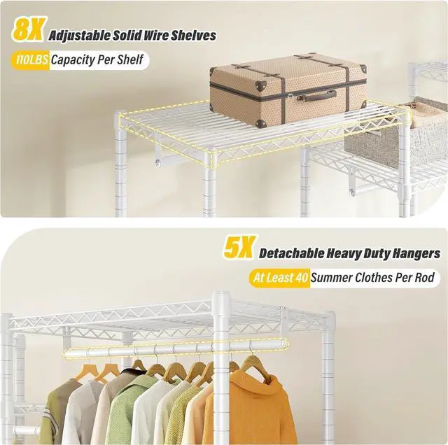 Alt view image 5 of 7 - Raybee Clothing Racks for Hanging Clothes with Cover, Clothes Rack Loads 905 LBS,Heavy Duty Portable Closet with Shelves, Adjustable,White,75" W*17.8" D*77" H