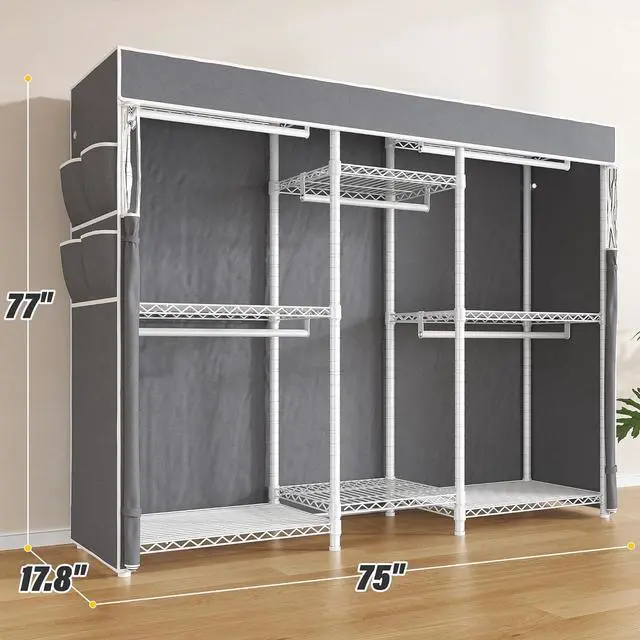 Alt view image 6 of 7 - Raybee Clothing Racks for Hanging Clothes with Cover, Clothes Rack Loads 905 LBS,Heavy Duty Portable Closet with Shelves, Adjustable,White,75" W*17.8" D*77" H
