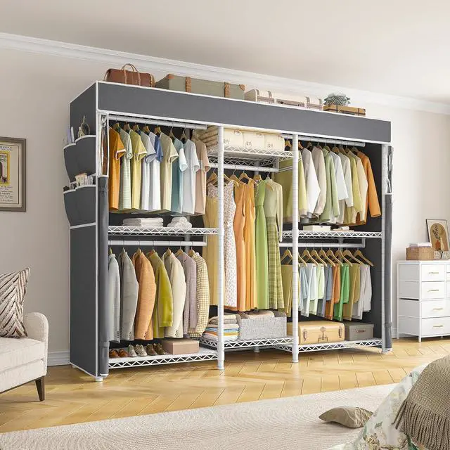 Alt view image 7 of 7 - Raybee Clothing Racks for Hanging Clothes with Cover, Clothes Rack Loads 905 LBS,Heavy Duty Portable Closet with Shelves, Adjustable,White,75" W*17.8" D*77" H