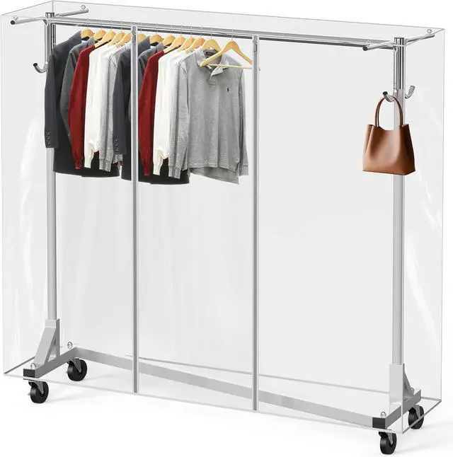 Main image of Simple Houseware Industrial Grade Z-Base Garment Rack, 500lb Load with 62" Extra Long bar w/Clear Cover and Tube Bracket