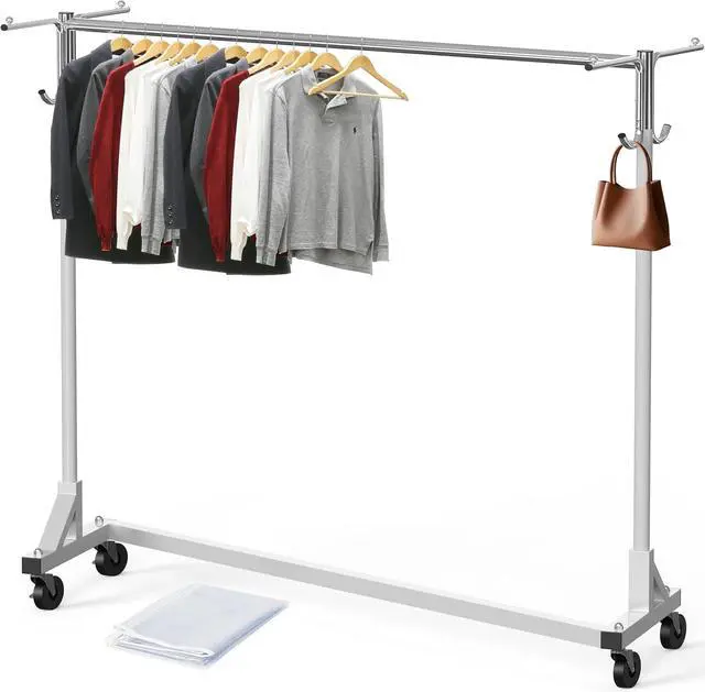 Alt view image 3 of 7 - Simple Houseware Industrial Grade Z-Base Garment Rack, 500lb Load with 62" Extra Long bar w/Clear Cover and Tube Bracket