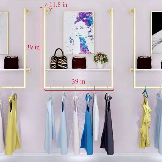 Alt view image 2 of 4 - Clothing Store Simple Wall Mounted Metal Display Rack, Window Hanging Garment Racks, U-shaped Shelf, Wedding Dress Organization, Home Clothes Rod Storage Towel Rack (Gold C, 39" L)