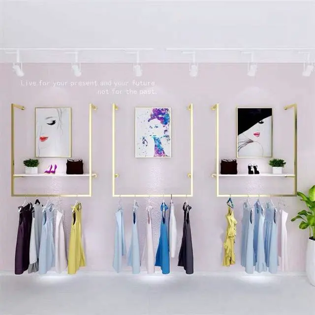 Alt view image 3 of 4 - Clothing Store Simple Wall Mounted Metal Display Rack, Window Hanging Garment Racks, U-shaped Shelf, Wedding Dress Organization, Home Clothes Rod Storage Towel Rack (Gold C, 39" L)