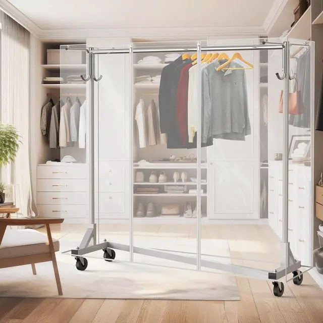 Alt view image 2 of 7 - Simple Houseware Industrial Grade Z-Base Garment Rack, 500lb Load with 62" Extra Long bar w/Clear Cover and Tube Bracket