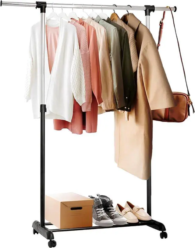 Main image of ikloo Clothing Rack with Wheels for Hanging Clothes | Extendable and Adjustable Garment Racks | Freestanding Rolling Closet Laundry Racks for Drying | Portable Clothes Organizer with Shelves | Chrome