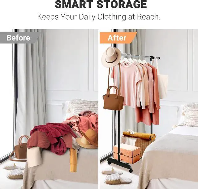 Alt view image 2 of 6 - ikloo Clothing Rack with Wheels for Hanging Clothes | Extendable and Adjustable Garment Racks | Freestanding Rolling Closet Laundry Racks for Drying | Portable Clothes Organizer with Shelves | Chrome