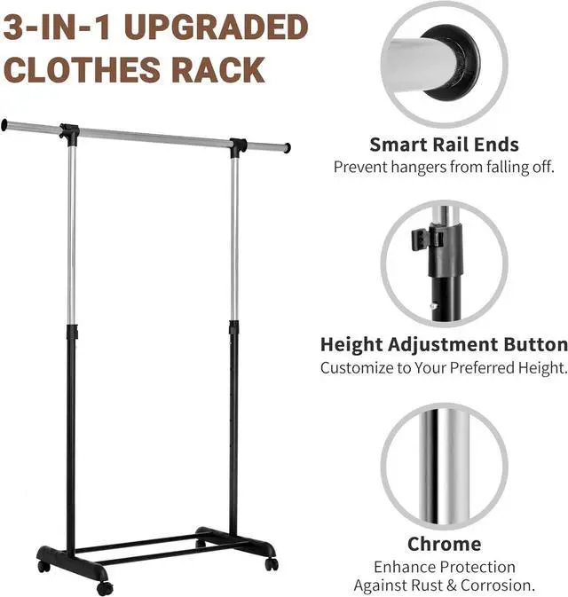 Alt view image 3 of 6 - ikloo Clothing Rack with Wheels for Hanging Clothes | Extendable and Adjustable Garment Racks | Freestanding Rolling Closet Laundry Racks for Drying | Portable Clothes Organizer with Shelves | Chrome