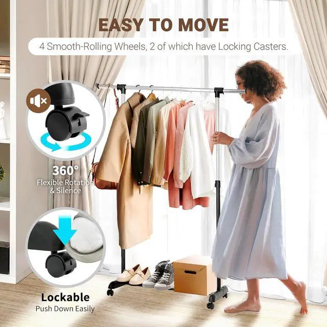 Alt view image 4 of 6 - ikloo Clothing Rack with Wheels for Hanging Clothes | Extendable and Adjustable Garment Racks | Freestanding Rolling Closet Laundry Racks for Drying | Portable Clothes Organizer with Shelves | Chrome