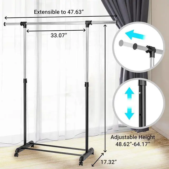 Alt view image 6 of 6 - ikloo Clothing Rack with Wheels for Hanging Clothes | Extendable and Adjustable Garment Racks | Freestanding Rolling Closet Laundry Racks for Drying | Portable Clothes Organizer with Shelves | Chrome