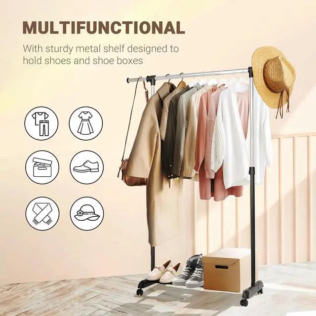 Alt view image 5 of 6 - ikloo Clothing Rack with Wheels for Hanging Clothes | Extendable and Adjustable Garment Racks | Freestanding Rolling Closet Laundry Racks for Drying | Portable Clothes Organizer with Shelves | Chrome