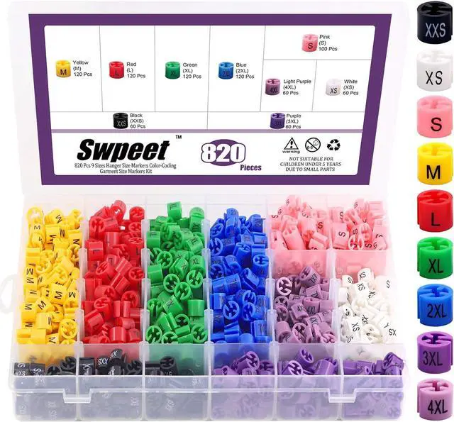 Main image of Swpeet 820Pcs 9 Common Sizes Plastic Hanger Size Markers Assortment Kit, XXS - 4XL Color-Coding Hanger Sizes Tags Marker for Wire Hangers Clothing Hangers with Storage Box