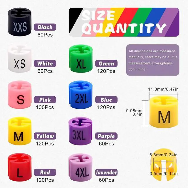 Alt view image 2 of 7 - Swpeet 820Pcs 9 Common Sizes Plastic Hanger Size Markers Assortment Kit, XXS - 4XL Color-Coding Hanger Sizes Tags Marker for Wire Hangers Clothing Hangers with Storage Box